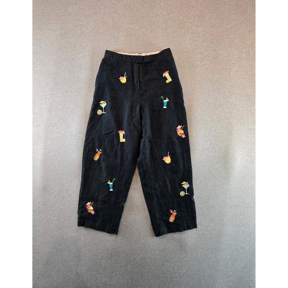 Saint Tropez West Linen Pants Women 12 Black Embroidered Tropical Cocktail Tiki